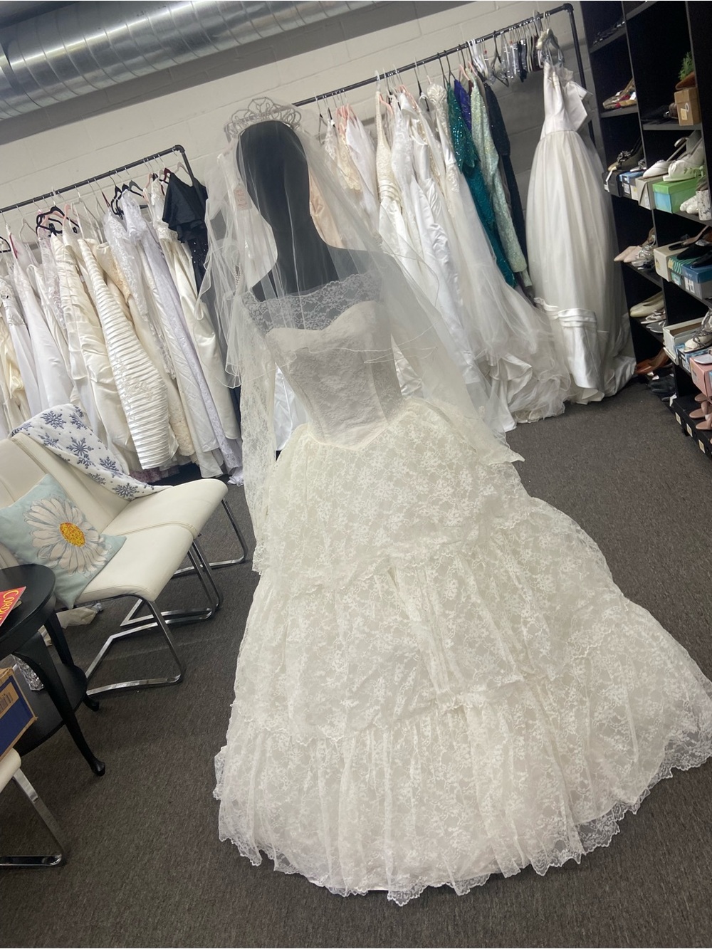 Vintage White Lace Ball Gown Wedding Dress